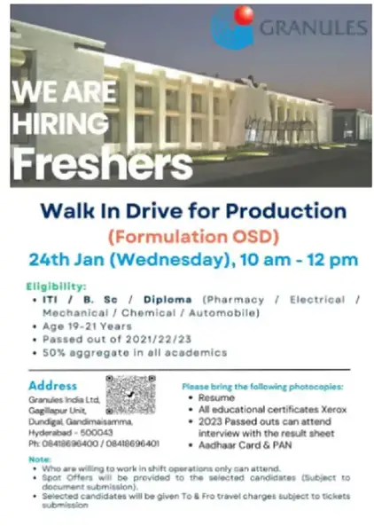 Granules - Walk In Drive for Production (Formulation OSD) on 24th Jan 2024